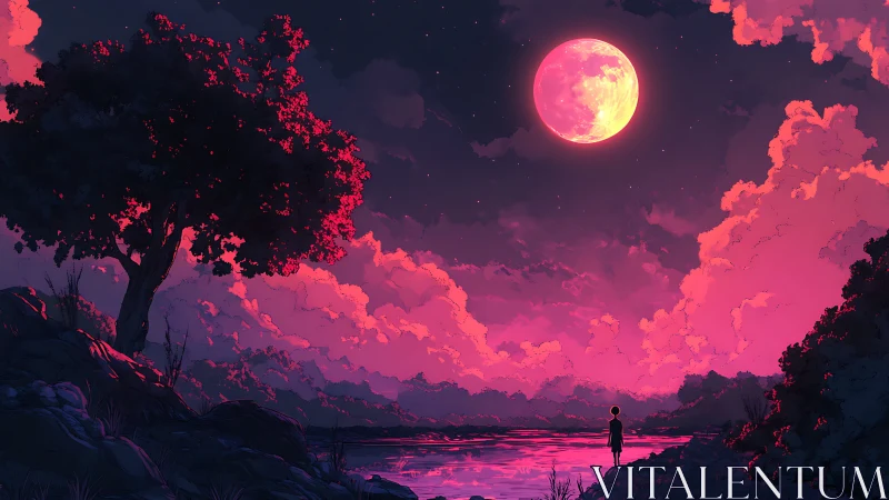 Crimson moonrise over reflective lake in stylized nightscape.