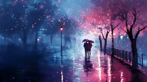 Two figures hold umbrella under neon-lit cherry trees
