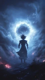 Lone warrior ascends toward a raging celestial vortex