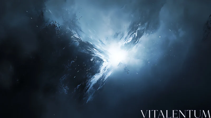 Cold luminous burst inside dark abstract space field.