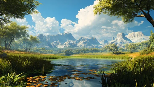 Mountain basin lake with grasses, lilies and distant peaks.