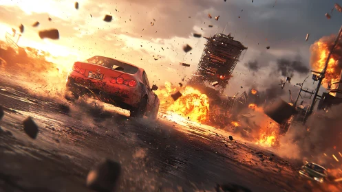 Red sports car on wet road near large urban explosion scene.