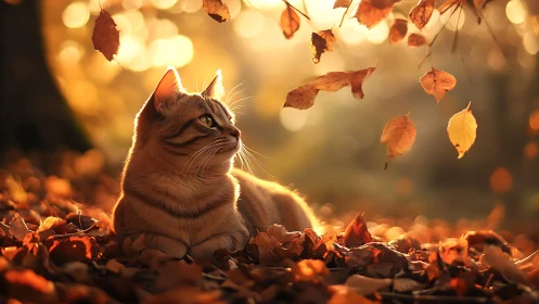 Feline Portrait Amid Autumn Foliage With Backlighting.