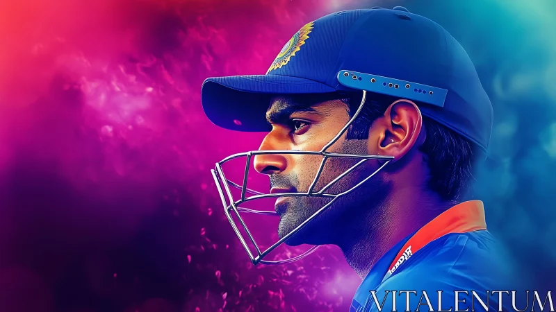 Cricketer wearing helmet faces right against vivid gradient