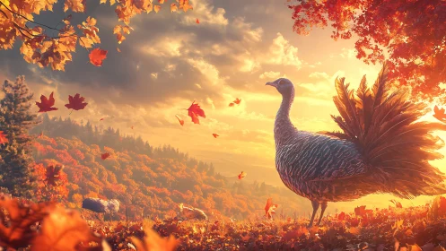 Golden autumn hillside with a proud turkey at sunset.