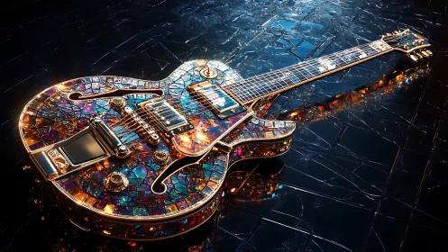 Stained glass electric guitar on glossy fractured floor.