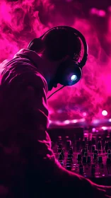 Neon shrouded DJ sculpting midnight beats in magenta haze.