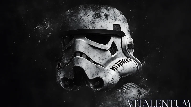 Weathered sci-fi helmet floats in dark, grunge void.