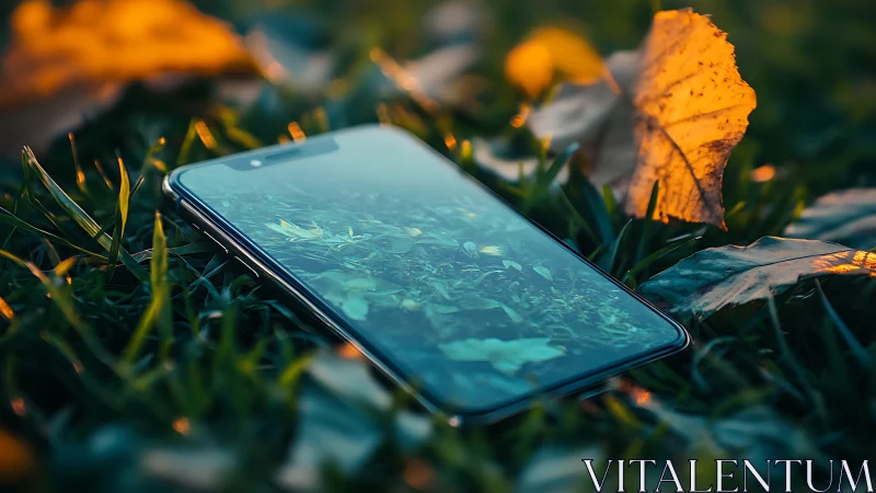 Smartphone resting in autumn grass with gentle golden light.