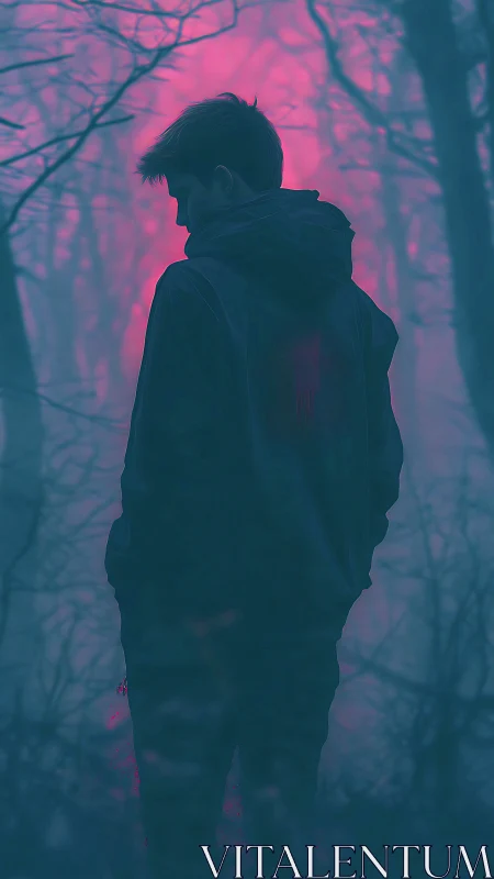 Solitary hooded figure in neon pink and blue forest haze.