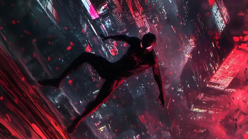 Masked hero descends through neon red futuristic city canyon