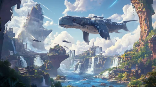 Sky leviathan drifting above cascading island citadels.
