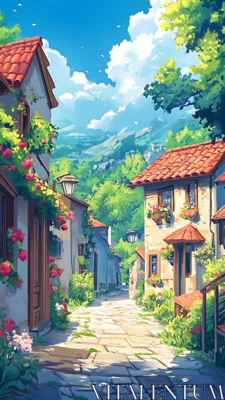 Narrow stone alleyway passes between tiled village houses