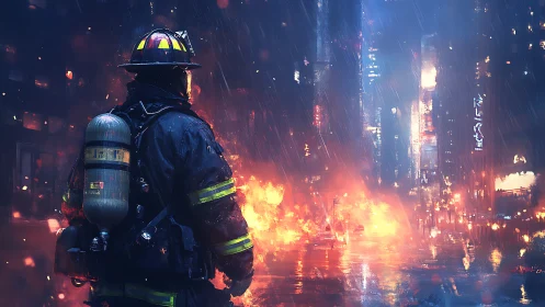 Firefighter in Urban Blaze During Heavy Rainfall