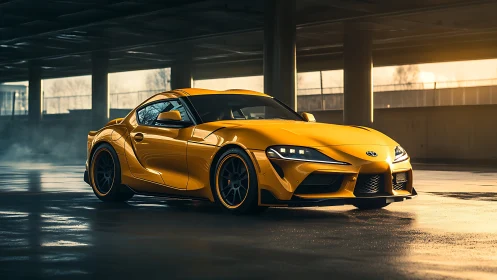 Golden sports coupe resting in soft urban sunrise light.
