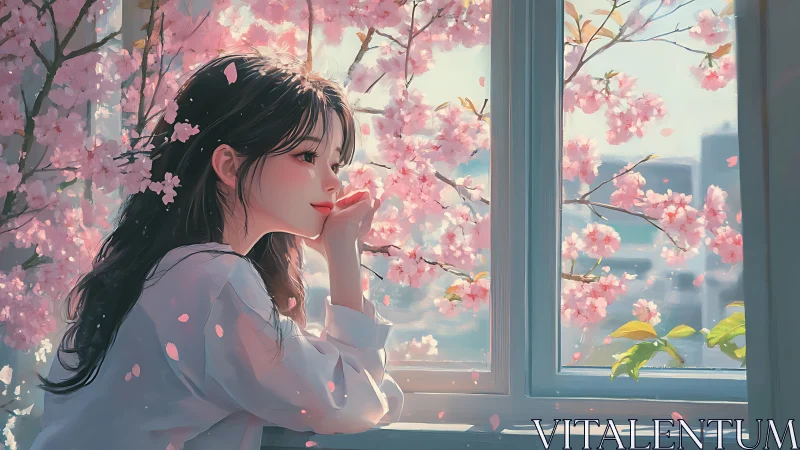 Young woman at window with cherry blossoms in bloom.
