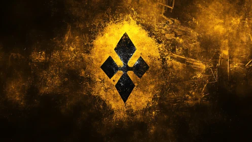 Golden chaos swirling around dark geometric emblem.