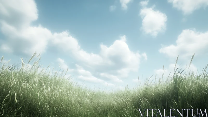 Sunlit grass field stretches beneath soft drifting clouds