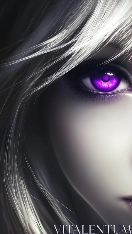 Iridescent violet eye framed by silver hair in close focus.
