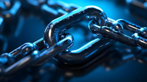 Close-up of Metal Chain Links with Blue Lighting, Modern Style.