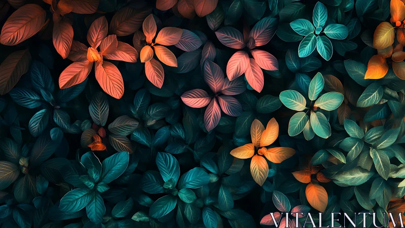 Neon garden drifts between twilight leaves and soft embers