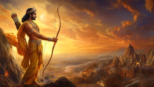 Epic archer prince overlooking burning mythic temple city at dusk