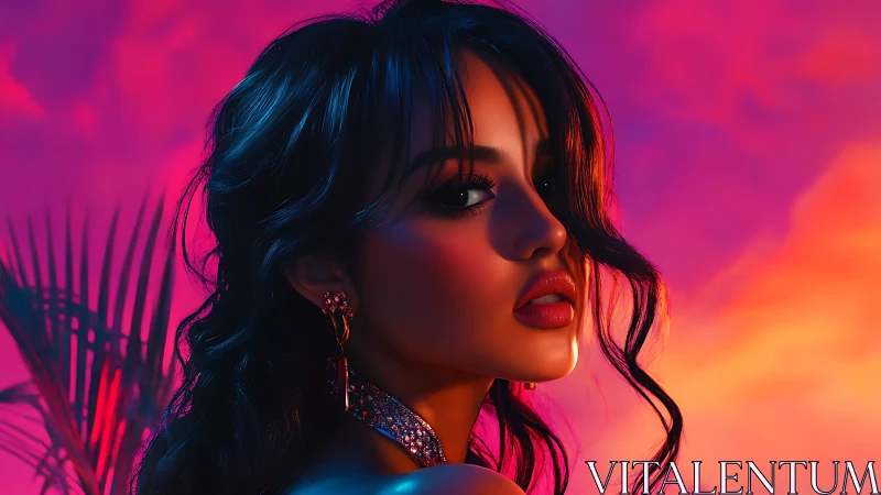 Neon sunset muse turning toward the camera in electric calm.