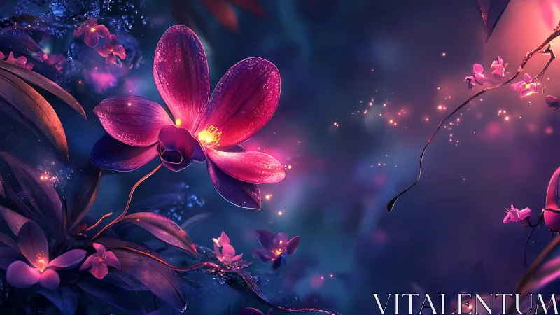 Bioluminescent orchid blooms illuminate a dreamlike forest glade
