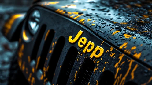 Mud-splashed Jepp grille glows like urban off-road lightning