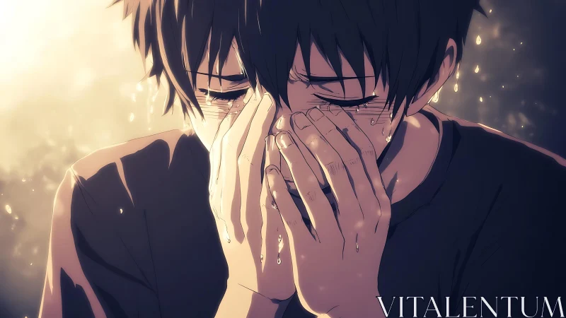 Backlit anime portrait isolates detailed tear dynamics and gesture