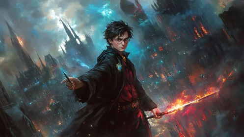 Battle mage with wand and flaming sword in ruined neon city