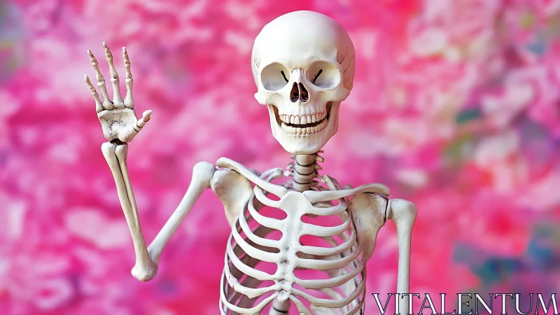 Smiling skeleton waves cheerfully against bright pink colors