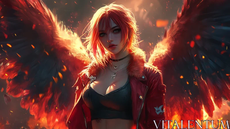 Flamewing rebel angel strides through a storm of embers.