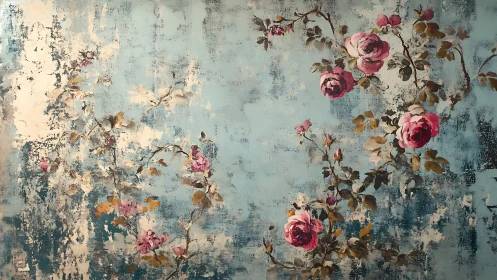 Weather-worn teal wall tangled with drifting rose poetry.