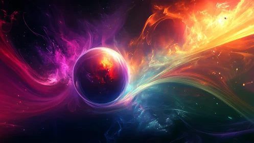 Cosmic rainbow currents swirl around a glowing newborn world.