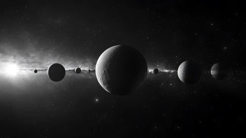 Silent planetary procession crossing a starlit galactic veil.