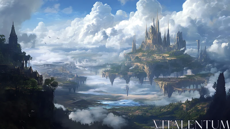 Floating citadel above misty valleys in epic light.