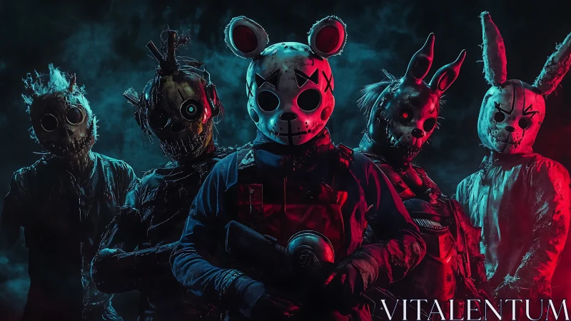 Masked horror squad in neon smoke and tactical gear.