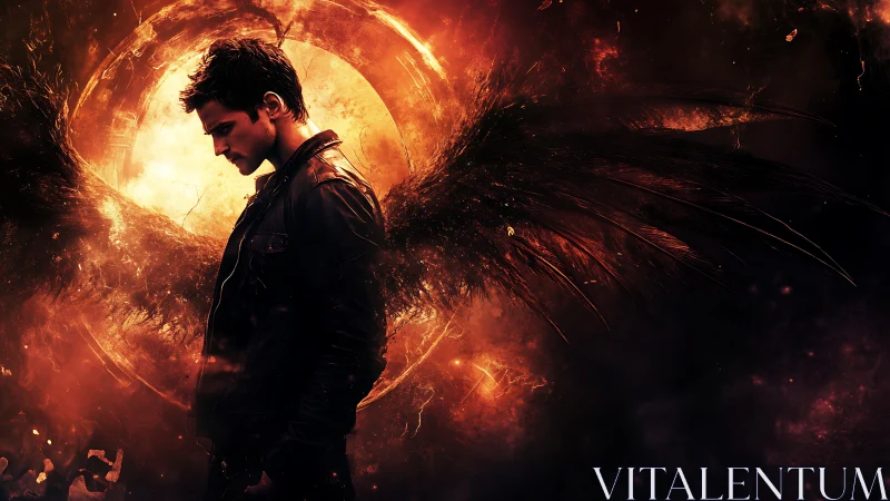 Fallen ember-winged guardian drifts before a burning halo