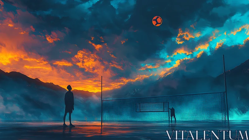 Surreal dusk soccer court under blazing cyan storm sky.