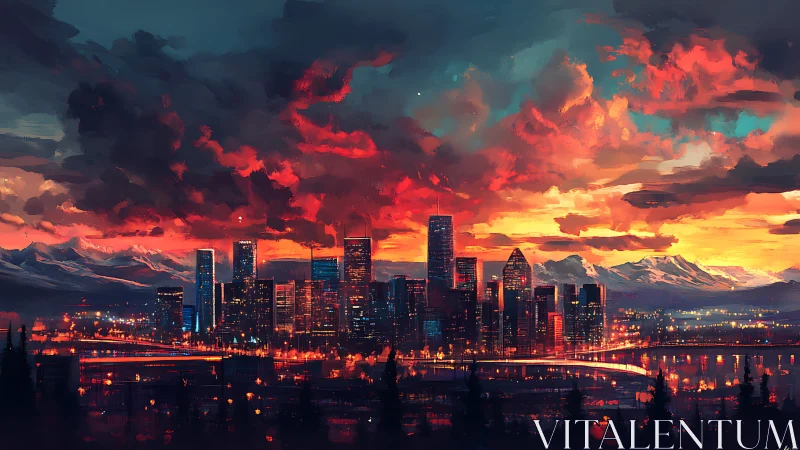 Vibrant sunset skyline contrasts neon-lit city architecture