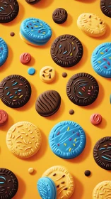 Colorful 3D Rendered Cookie Pattern with Vibrant Yellow Background