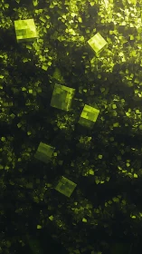 Luminous voxel cubes descend through dense emerald particle field