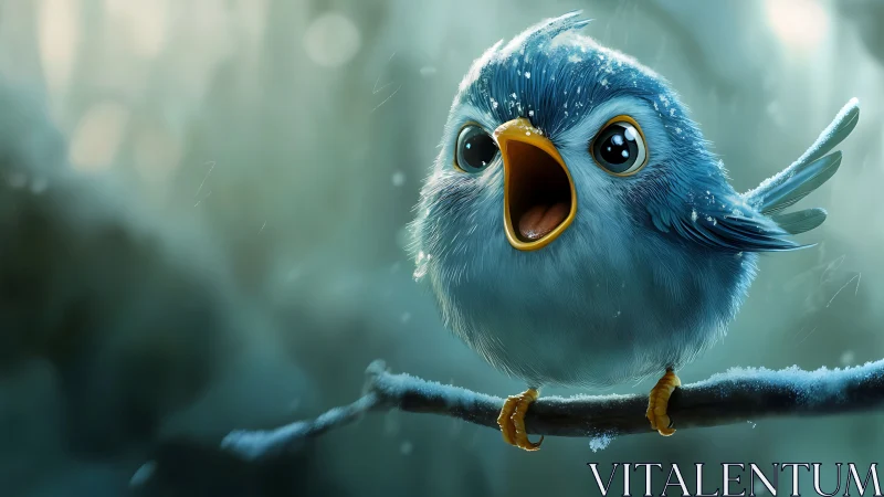 Adorable blue cartoon bird singing on snowy branch, digital art.