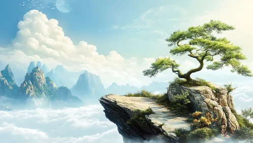 Ancient Bonsai Tree on Cloud-Shrouded Mountain Peak.