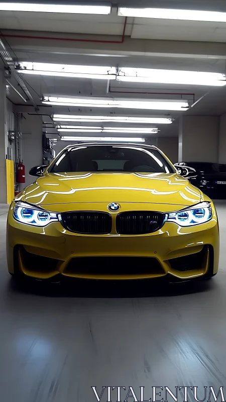 Bold yellow sports coupe glowing under sleek garage lights.