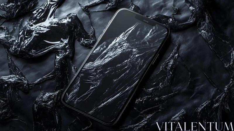 Modern smartphone on glossy black abstract surface, dramatic lighting.
