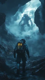 Lone explorer confronts towering mech in misty cavern.
