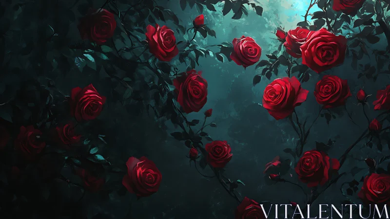 Deep Red Roses in Twilight Garden Dreamscape.