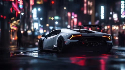 White supercar sits on wet neon city street at night